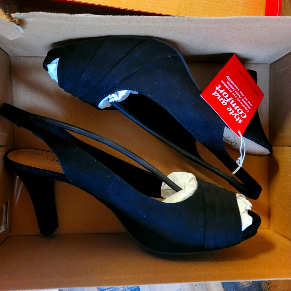 Brand New Black Deflex Comfort Madge Slingback Peeptoe Shoes, Size 9